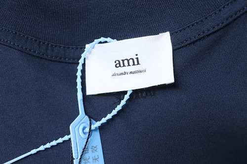 Ami Three-dimensional thick line peach heart embroidery T-shirt Blue