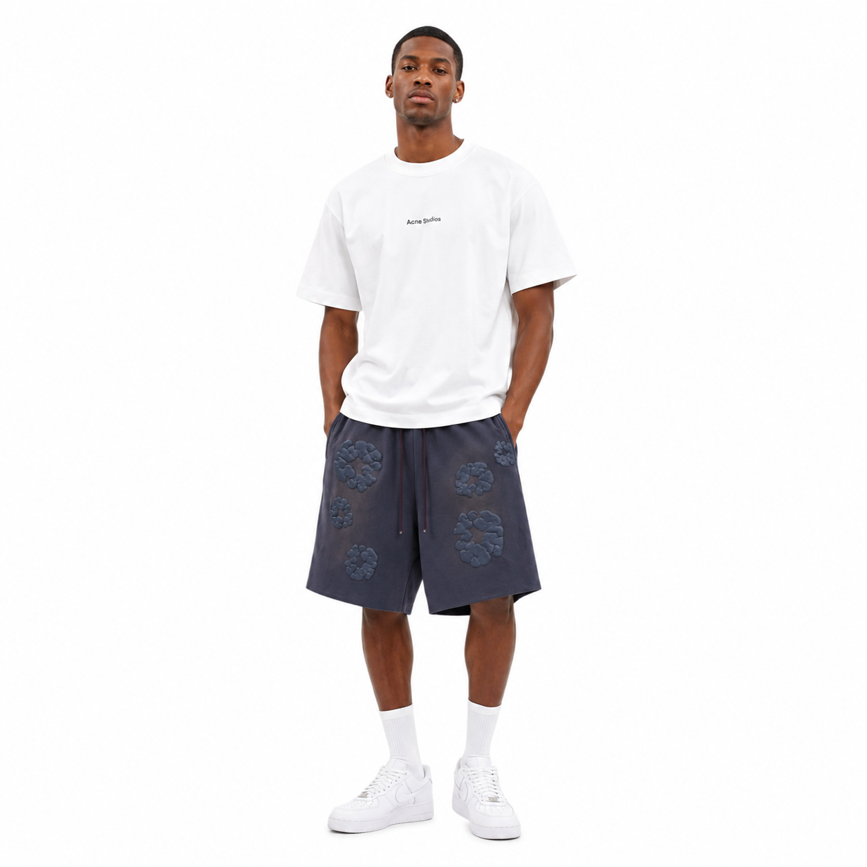 Acne Studios 24ss Small Letter Printed Short Sleeve White + Denim Tears The Cotton Wreath Shorts YL#8623 Blue-purple