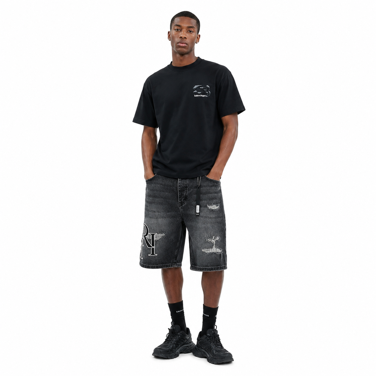 Balenciaga Patch Embroidered T-Shirt YL #160 Black + Amiri Denim Shorts YL#AM605