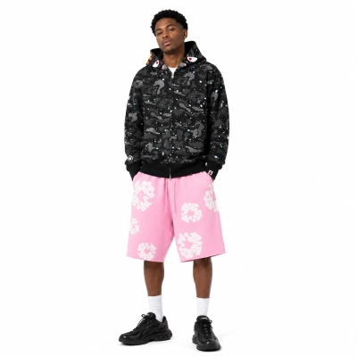 Bape Starry Sky Double Hoodie Full Zip Hoodie Black/White YL #2266 + Denim Tears The Cotton Wreath Shorts Pink 01