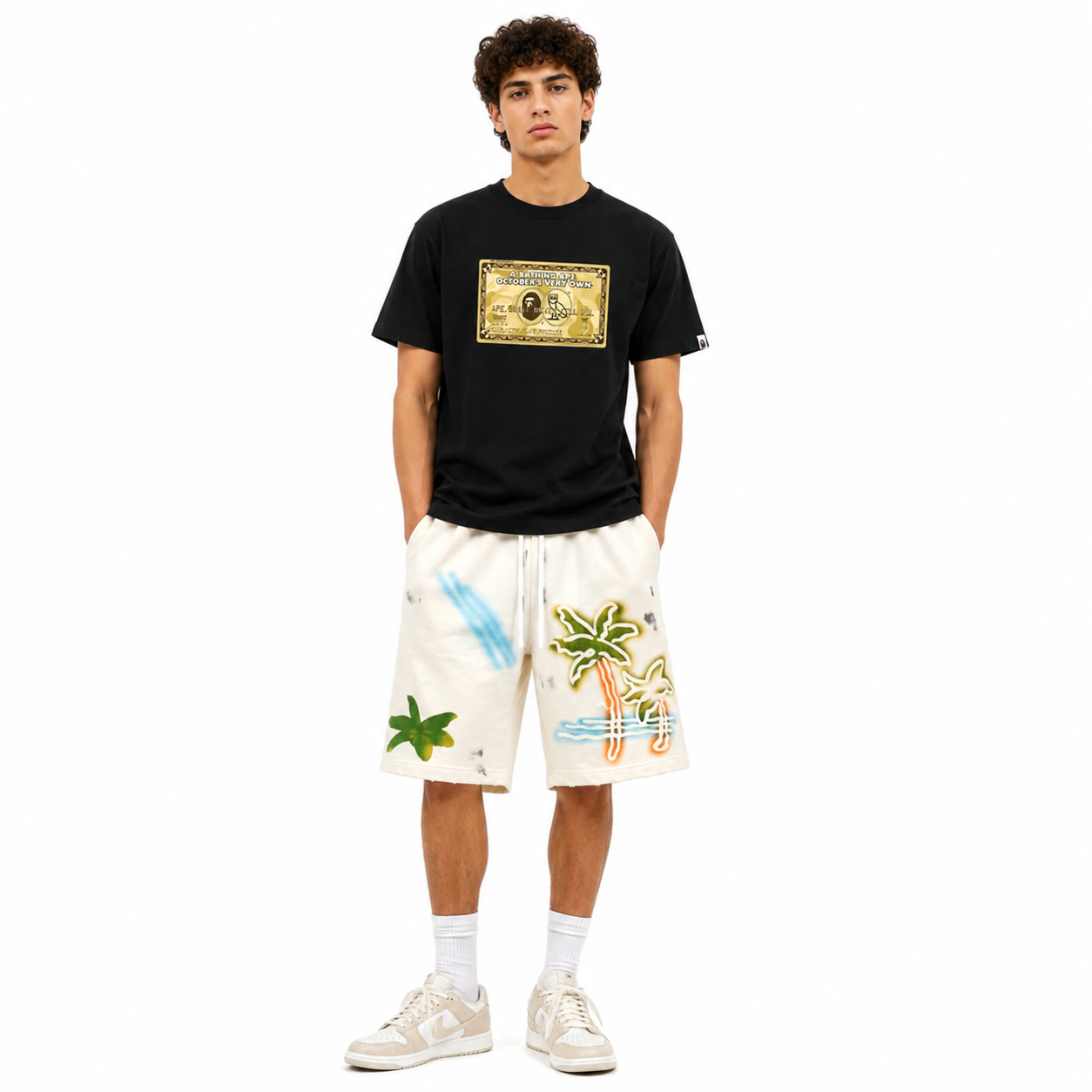 Bape T-shirt YL #195 Black/White + Palm angels Shorts 2241