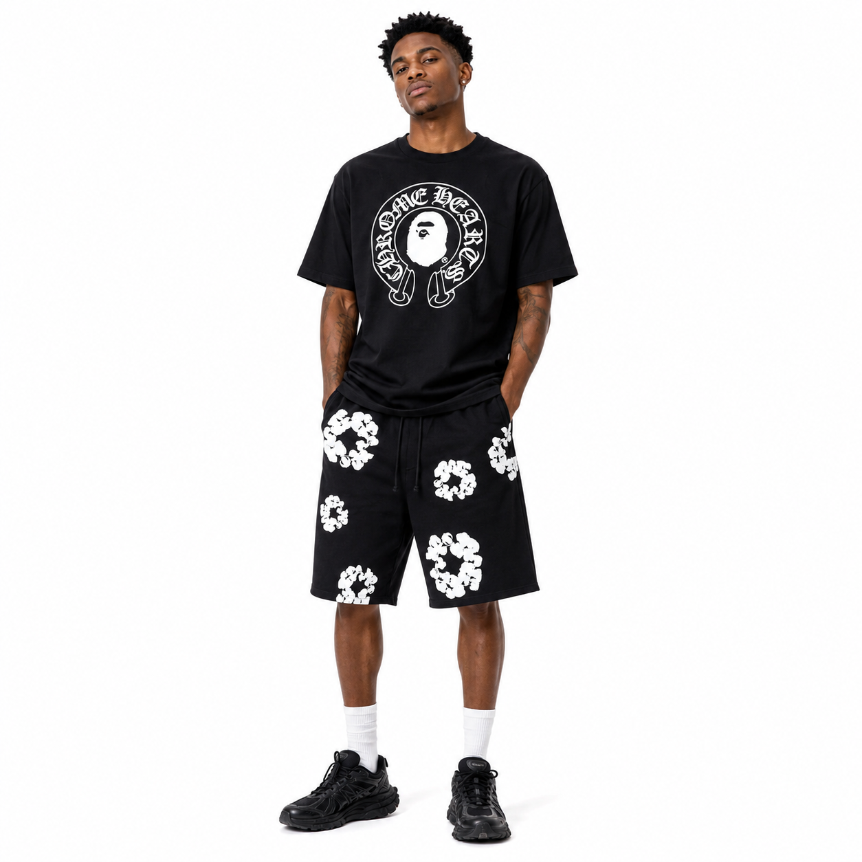 BAPE x Chrome Hearts T-shirt 'Black' + Denim Tears The Cotton Wreath Shorts Black