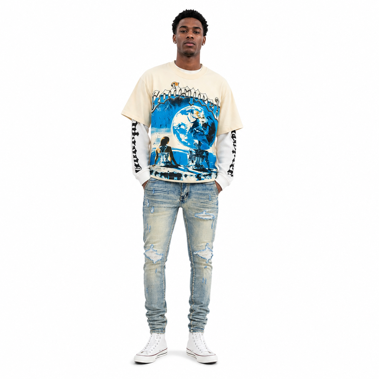 Godspeed Artificial Love Layered Long Sleeve T-shirt Bone #3155 + Amiri American Knife Ripped Denim Jeans Blue
