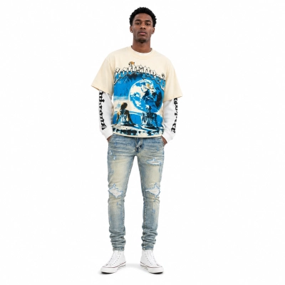 Godspeed Artificial Love Layered Long Sleeve T-shirt Bone #3155 + Amiri American Knife Ripped Denim Jeans Blue 01