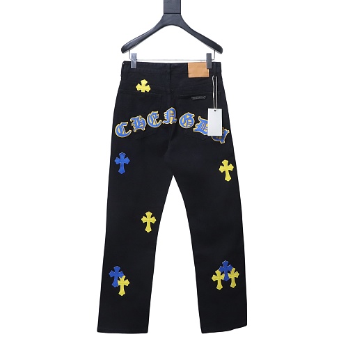 Chrome Hearts Leather Jeans with Sanskrit Cross Back Patches Black/Blue/Yellow
