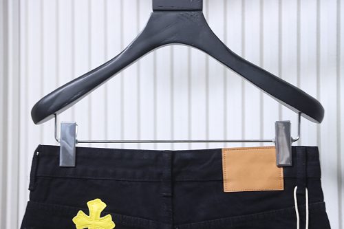 Chrome Hearts Leather Jeans with Sanskrit Cross Back Patches Black/Blue/Yellow
