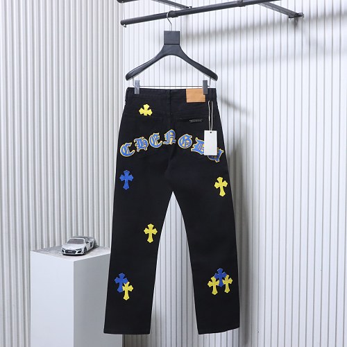 Chrome Hearts Leather Jeans with Sanskrit Cross Back Patches Black/Blue/Yellow