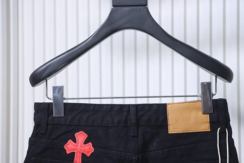 Chrome Hearts Leather Jeans with Sanskrit Cross Back Patches Black/Orange
