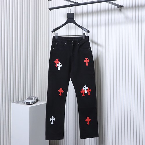 Chrome Hearts Leather Jeans with Sanskrit Cross Back Patches Black/Orange