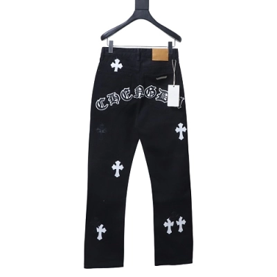 Chrome Hearts Leather Jeans with Sanskrit Cross Back Patches Black/White 02