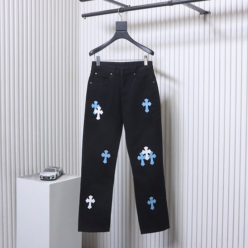 Chrome Hearts Leather Jeans with Sanskrit Cross Back Patches Blue