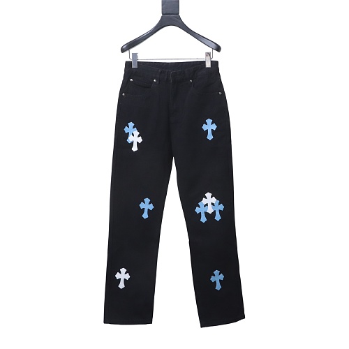 Chrome Hearts Leather Jeans with Sanskrit Cross Back Patches Blue