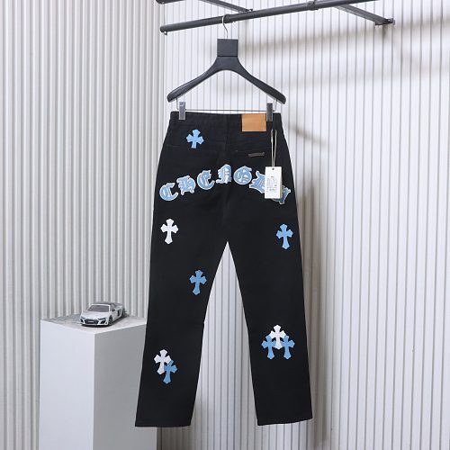 Chrome Hearts Leather Jeans with Sanskrit Cross Back Patches Blue