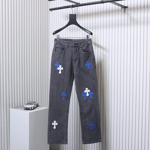 Chrome Hearts Leather Jeans with Sanskrit Cross Back Patches Grey/Pink