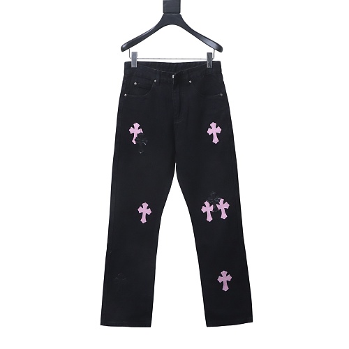 Chrome Hearts Leather Jeans with Sanskrit Cross Back Patches Pink
