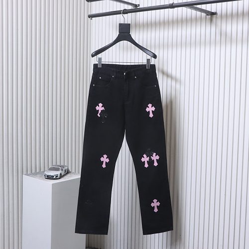 Chrome Hearts Leather Jeans with Sanskrit Cross Back Patches Pink