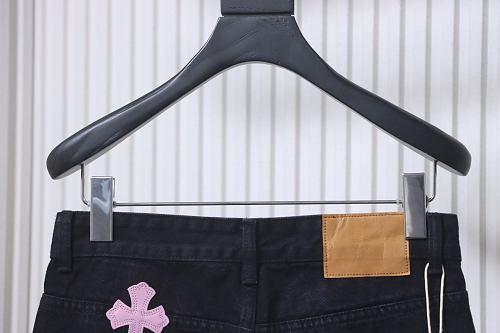 Chrome Hearts Leather Jeans with Sanskrit Cross Back Patches Pink