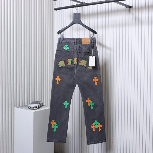 Chrome Hearts Leather Jeans with Sanskrit Cross Back Patches Yellow/Green