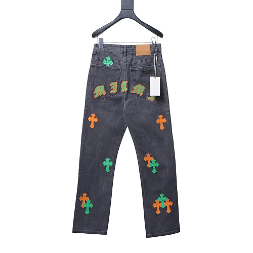 Chrome Hearts Leather Jeans with Sanskrit Cross Back Patches Yellow/Green