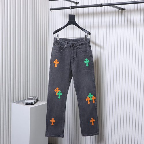Chrome Hearts Leather Jeans with Sanskrit Cross Back Patches Yellow/Green