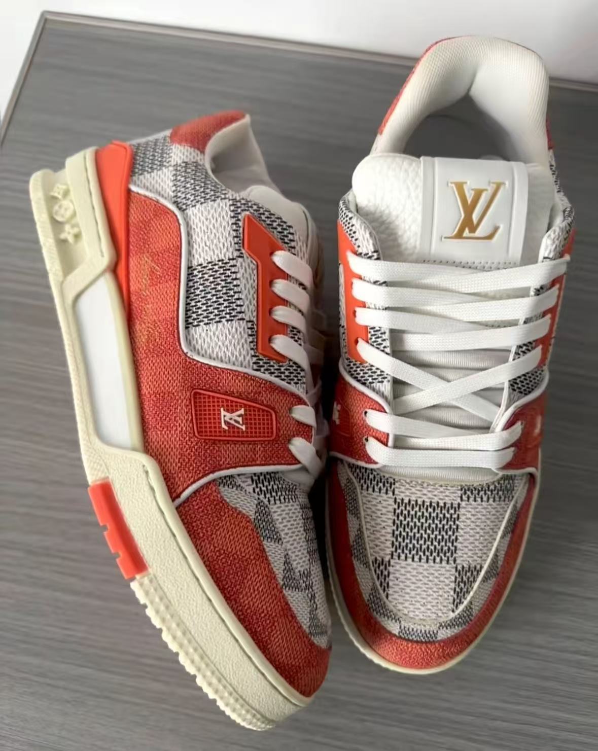 Louis Vuitton LV Trainer Damier White Orange 1AC56P review heila
