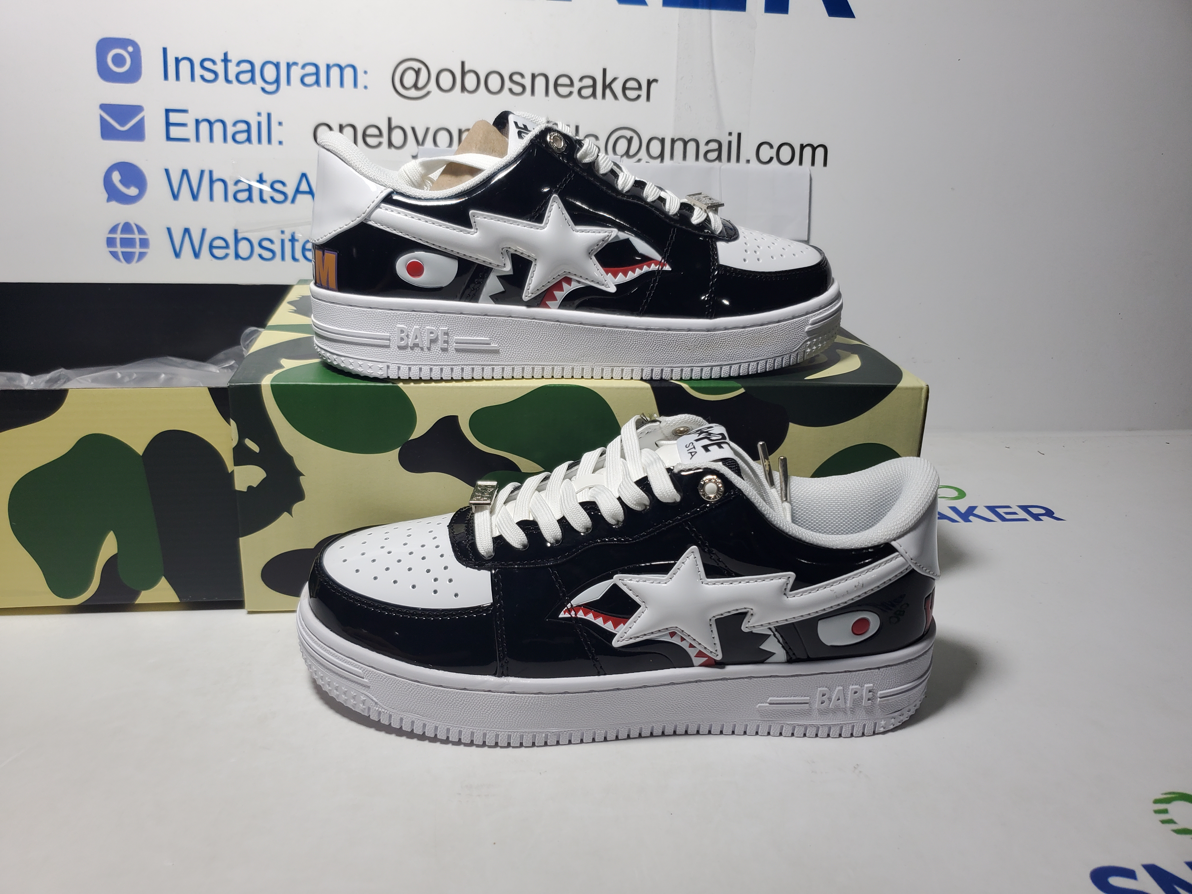 A Bathing Ape Bape Sta Low Black and White Shark 1H30-191-009 review Obosneaker 00