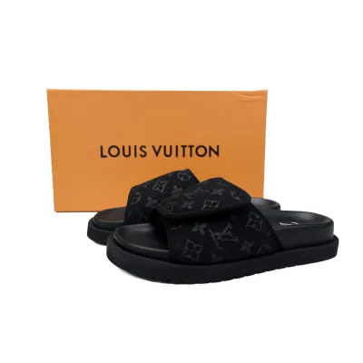 GET LOUIS VUITTON Miami Velcro flip flops Black denim fabricslide 02