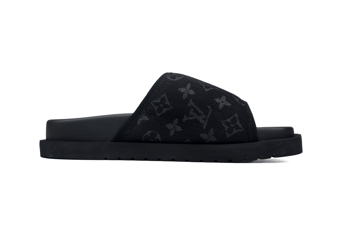 LOUIS VUITTON Miami Velcro flip flops Black denim fabricslide,Replica Shoes