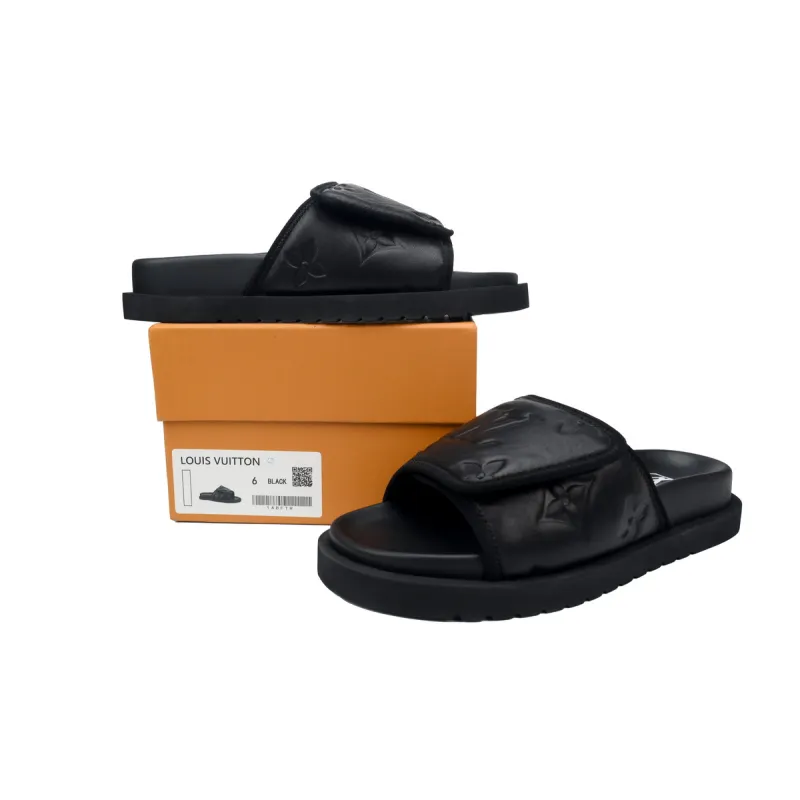 GET LOUIS VUITTON Miami Velcro flip flops Black embossingslide