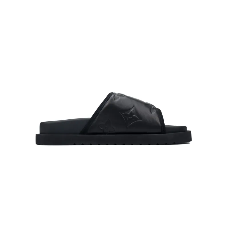 GET LOUIS VUITTON Miami Velcro flip flops Black embossingslide