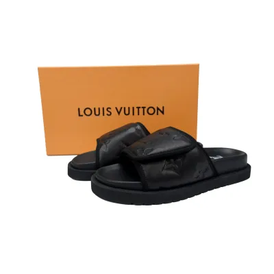 GET LOUIS VUITTON Miami Velcro flip flops Black embossingslide 02