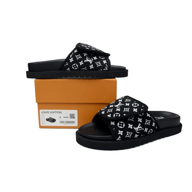 GET LOUIS VUITTON Miami Velcro flip flops Flocking blackslide