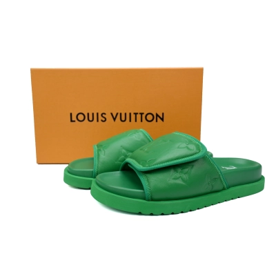 GET LOUIS VUITTON Miami Velcro flip flops Green embossingslide 02