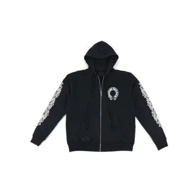 Chrome Hearts Horseshoe Floral Cross Sleeve Zip Up Hoodie Black/White 01