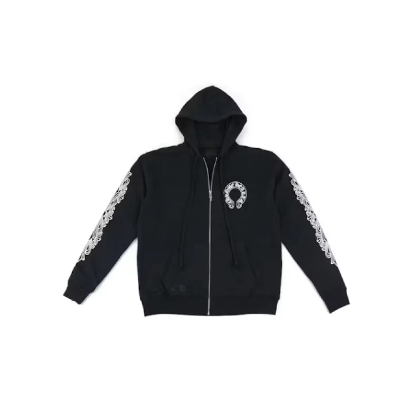 Chrome Hearts Horseshoe Floral Cross Sleeve Zip Up Hoodie Black/White