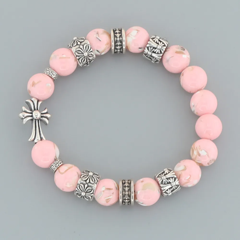 Chrome Hearts Cross Beaded Bracelet Pink/Silver