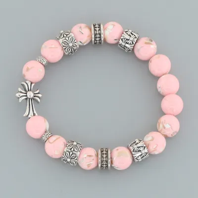 Chrome Hearts Cross Beaded Bracelet Pink/Silver 01