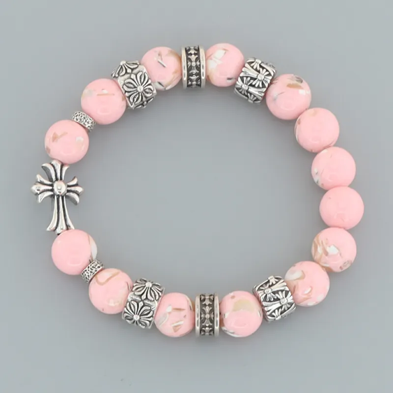 Chrome Hearts Cross Beaded Bracelet Pink/Silver