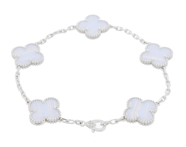 Van Cleef & Arpels Vintage Alhambra 5 Motif Bracelet Chalcedony 18K White Gold Hardware