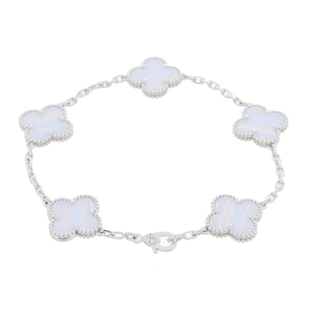 Van Cleef & Arpels Vintage Alhambra 5 Motif Bracelet Chalcedony 18K White Gold Hardware