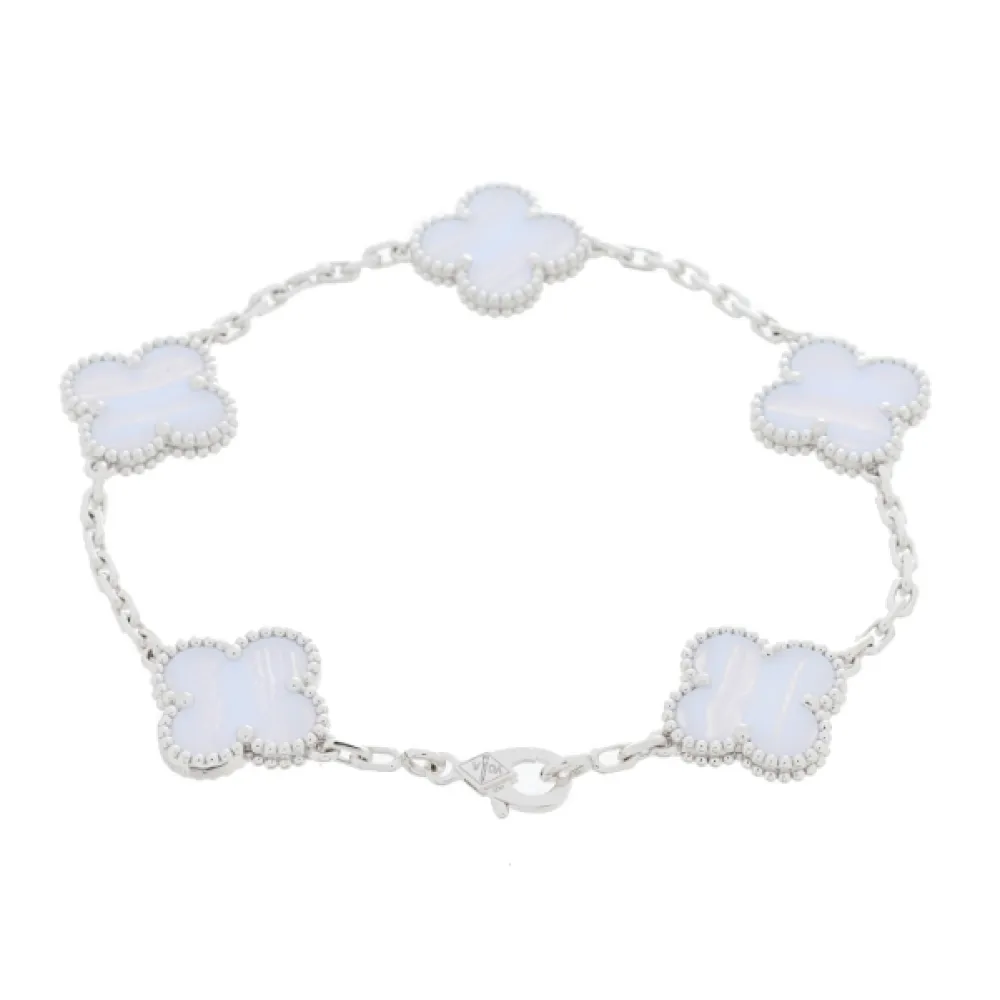 Van Cleef & Arpels Vintage Alhambra 5 Motif Bracelet Chalcedony 18K White Gold Hardware