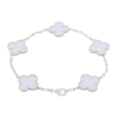Van Cleef & Arpels Vintage Alhambra 5 Motif Bracelet Chalcedony 18K White Gold Hardware 01