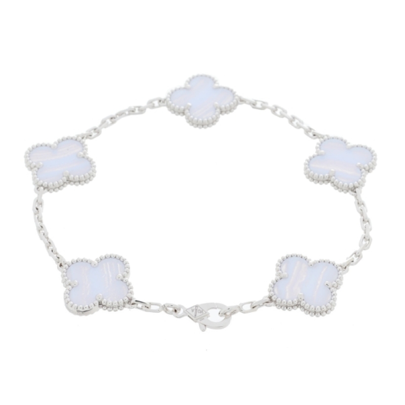 Van Cleef & Arpels Vintage Alhambra 5 Motif Bracelet Chalcedony 18K White Gold Hardware
