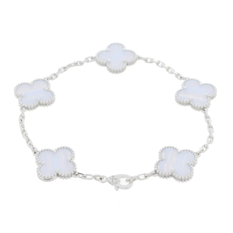 Van Cleef & Arpels Vintage Alhambra 5 Motif Bracelet Chalcedony 18K White Gold Hardware
