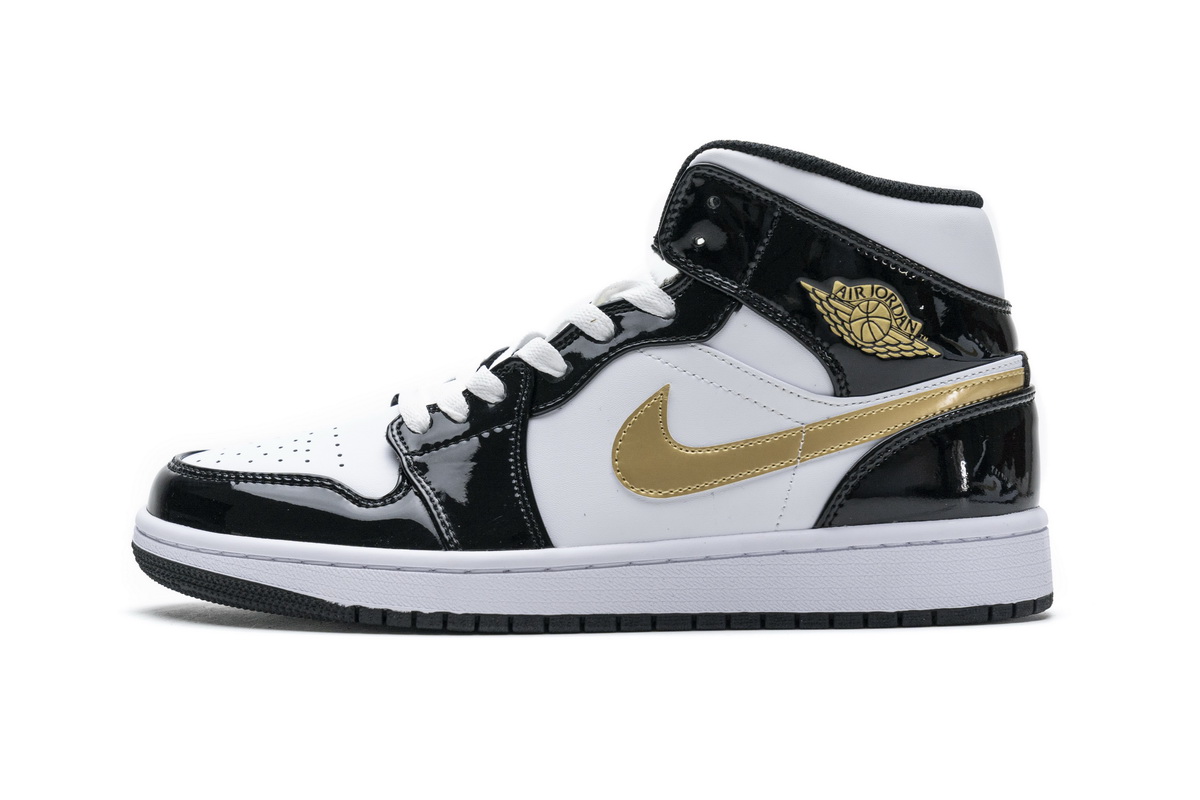 Jordan 1 Mid Patent Black White Gold 852542-007