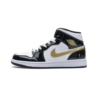 Jordan 1 Mid Patent Black White Gold 852542-007