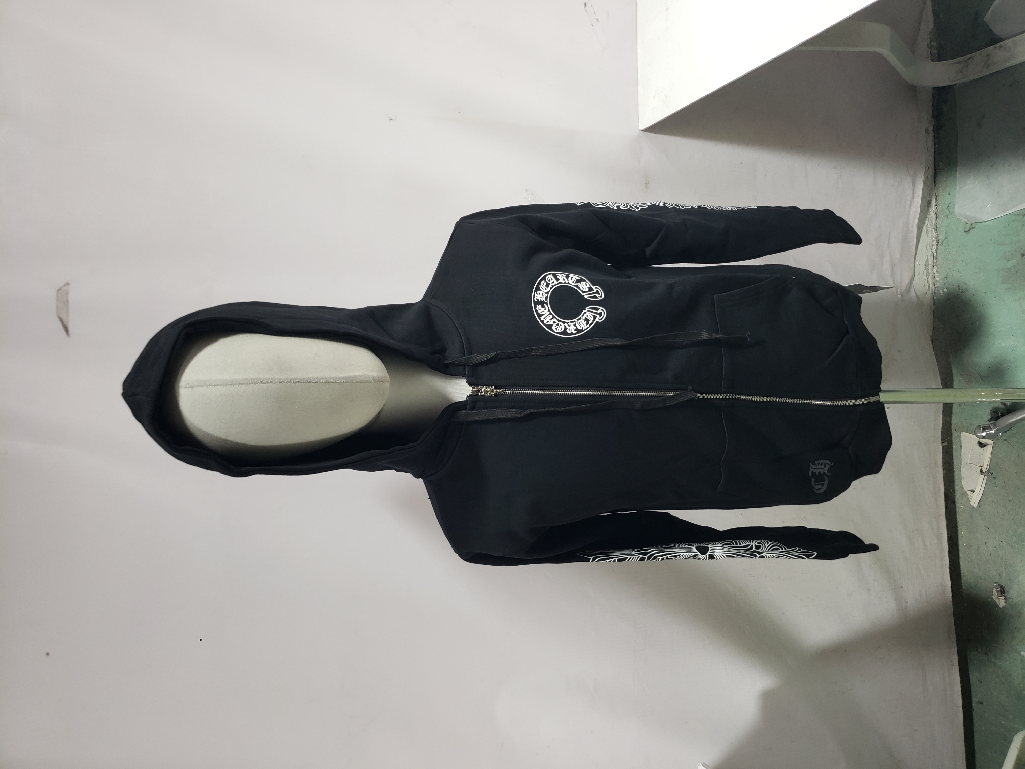 Chrome Hearts Horseshoe Floral Cross-Sleeve Zip Up Hoodie Black/White