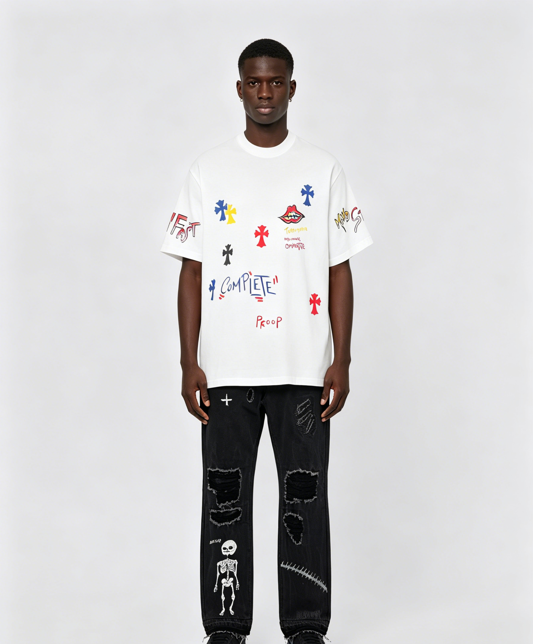 Chrome Hearts T-shirt 2230 and GALLERY DEPT. Skull-patterned distressed jeans G22