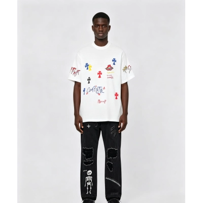 Chrome Hearts T-shirt 2230 and GALLERY DEPT. Skull-patterned distressed jeans G22 01