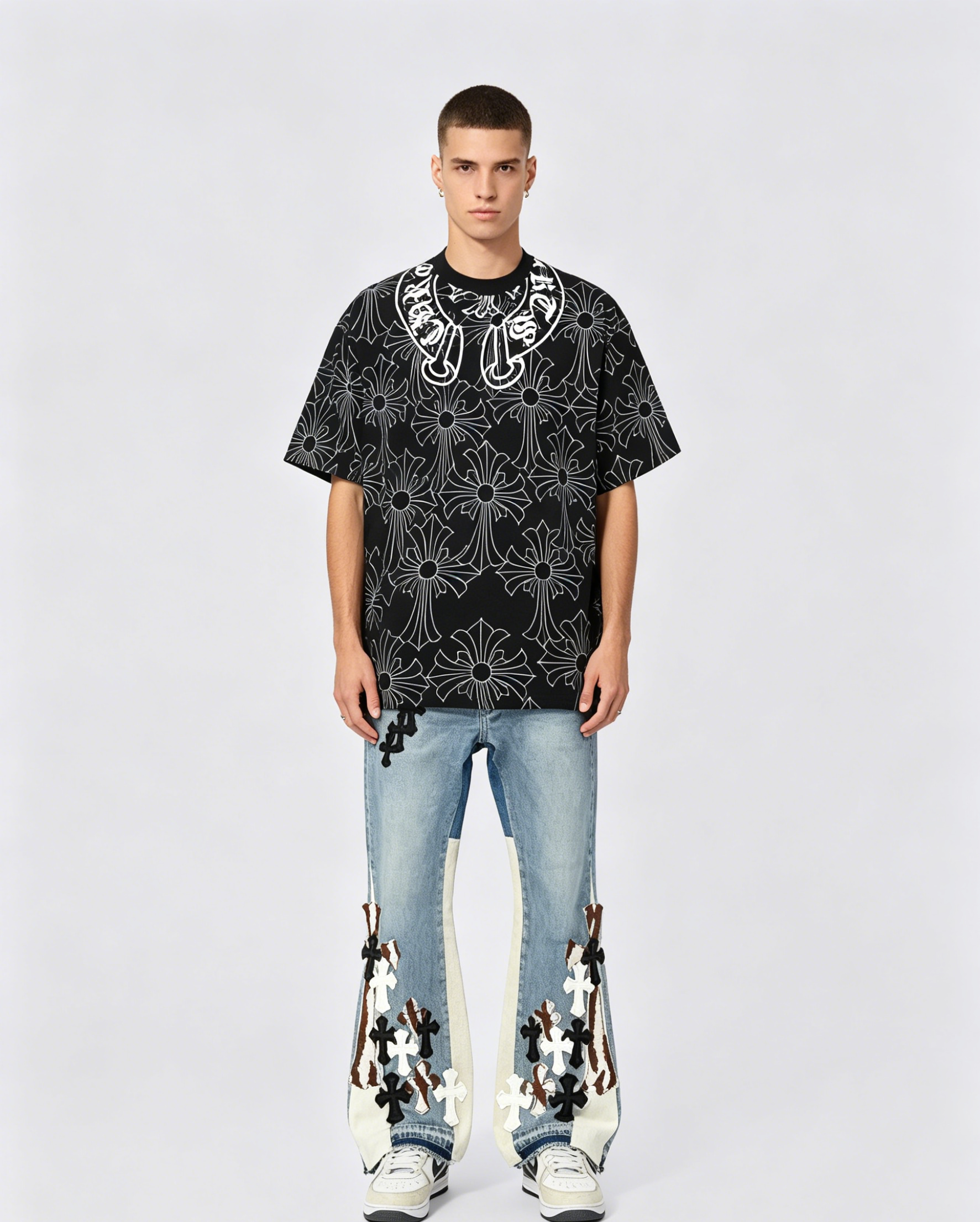 Chrome Hearts T-shirt 2251 and GALLERY DEPT Denim patchwork jeans GA004 Suit